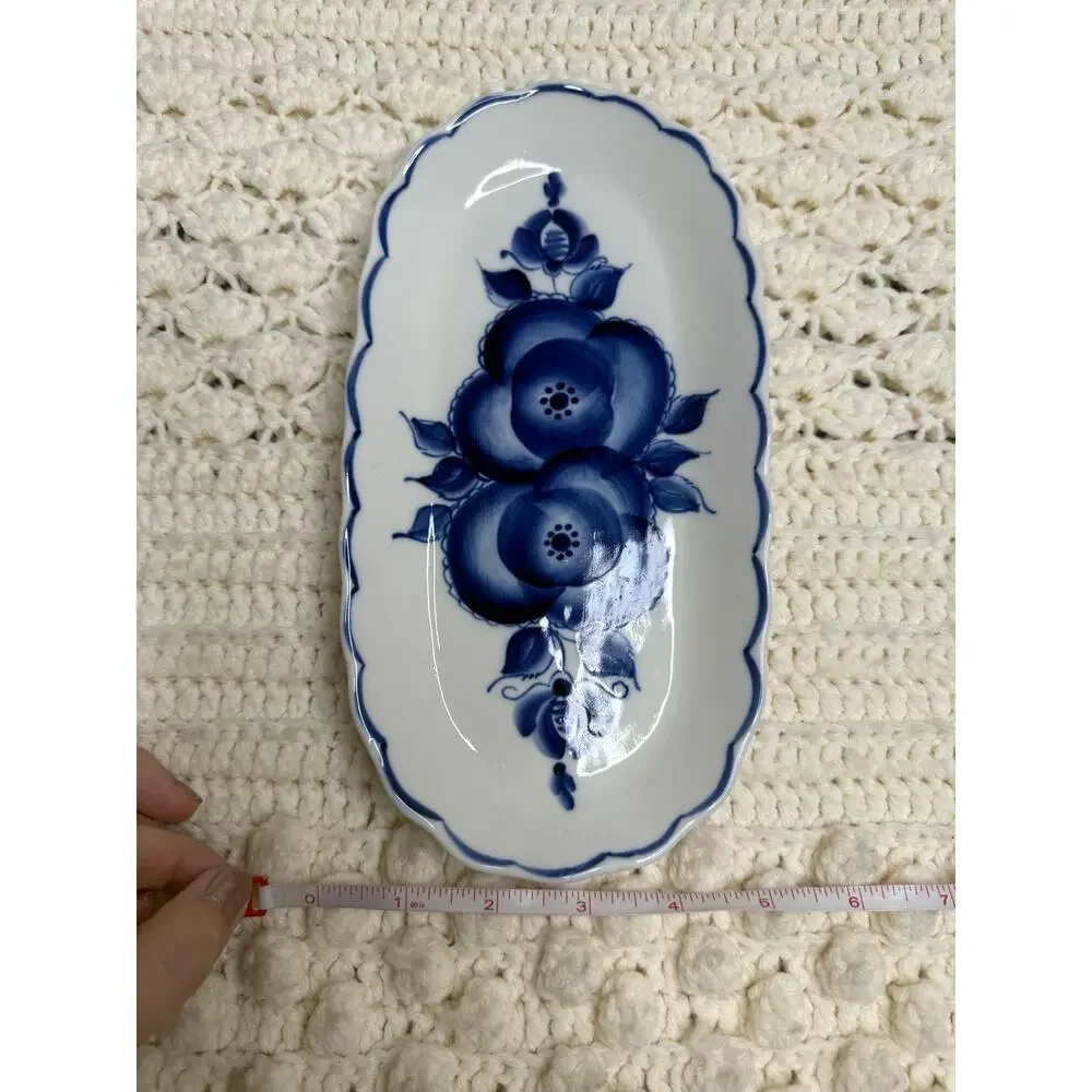 VINTAGE RUSSIAN GZHEL Porcelain Oval Serving Platter Hand Painted Blue Floral